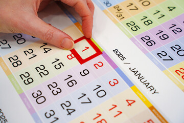 The finger moves the red frame to one on the calendar sheet. Appointment scheduling. anticipation...
