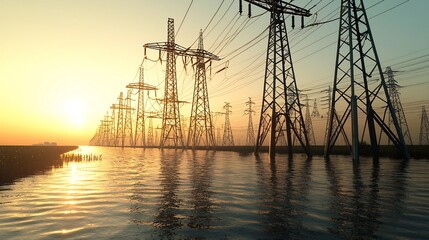 Futuristic Renewable Energy Grid at Sunset Illuminating the Horizon