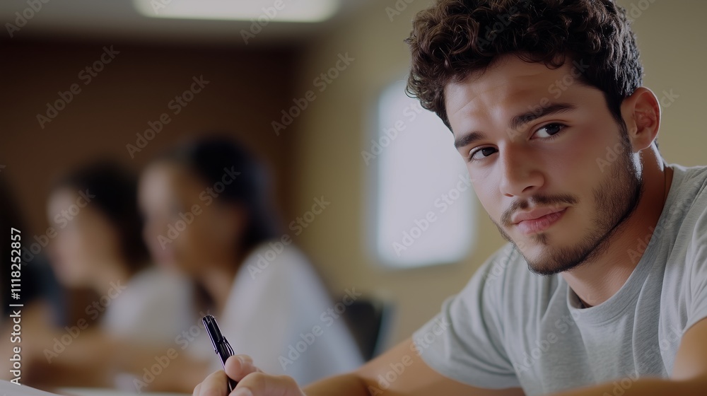 Poster student engaging in a classroom activity while classmates focus on their tasks