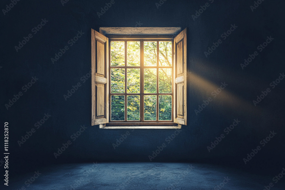 Poster sunlight streaming through an open window in a dark room