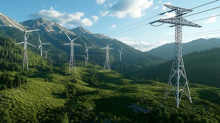 Futuristic Green Power Grid with Renewable Energy Sources in Mountainous Landscape
