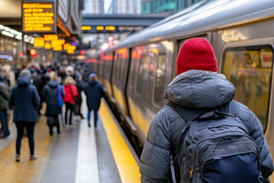 A photo of a crowded subway platform during rush hour, with people standing shoulder to shoulder waiting for the train