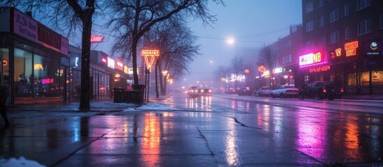 Obraz premium Wet city street at night with neon lights reflecting in puddles.