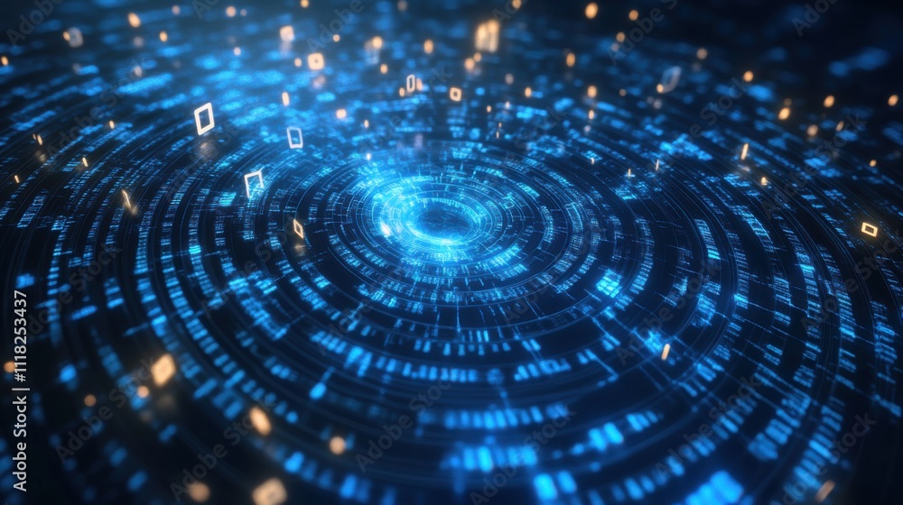 Poster A dynamic array of blue data points and glowing squares twists into a vortex, capturing the essence of technology and digital innovation in a mesmerizing display