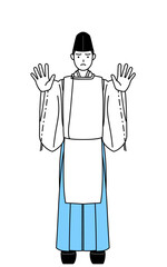 Priest of the shrine, wearing a Eboshi and Kariginu, with his hands out in front of his body, signaling a stop.