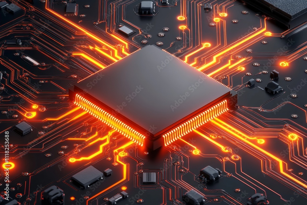 Poster A pixel art depiction of a CPU on a vibrant 8-bit circuit board, with glowing animated pathways and retro electronics aesthetics