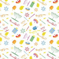 Happy Hanukkah seamless pattern with traditional hanukkiyah and different ,Hanukkah symbols  on a white background