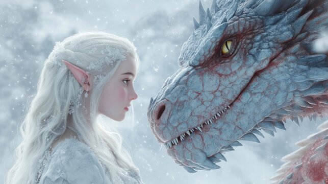 Blonde princess elf girl faces majestic dragon in snowy landscape. Medieval fantasy tale illustration. Digital art. Powerful creature with girl. Winter scene. Lofi anime style. Surreal beauty. Fairy