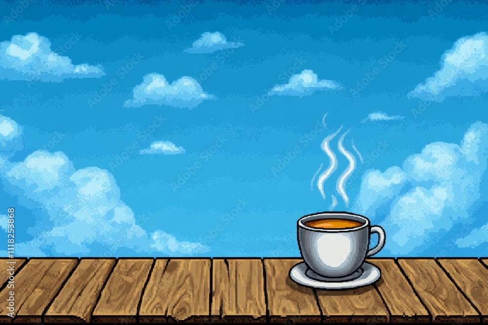 Poster A pixel art depiction of a coffee cup with animated steam curls rising, set on a retro-style table with a simple backdrop