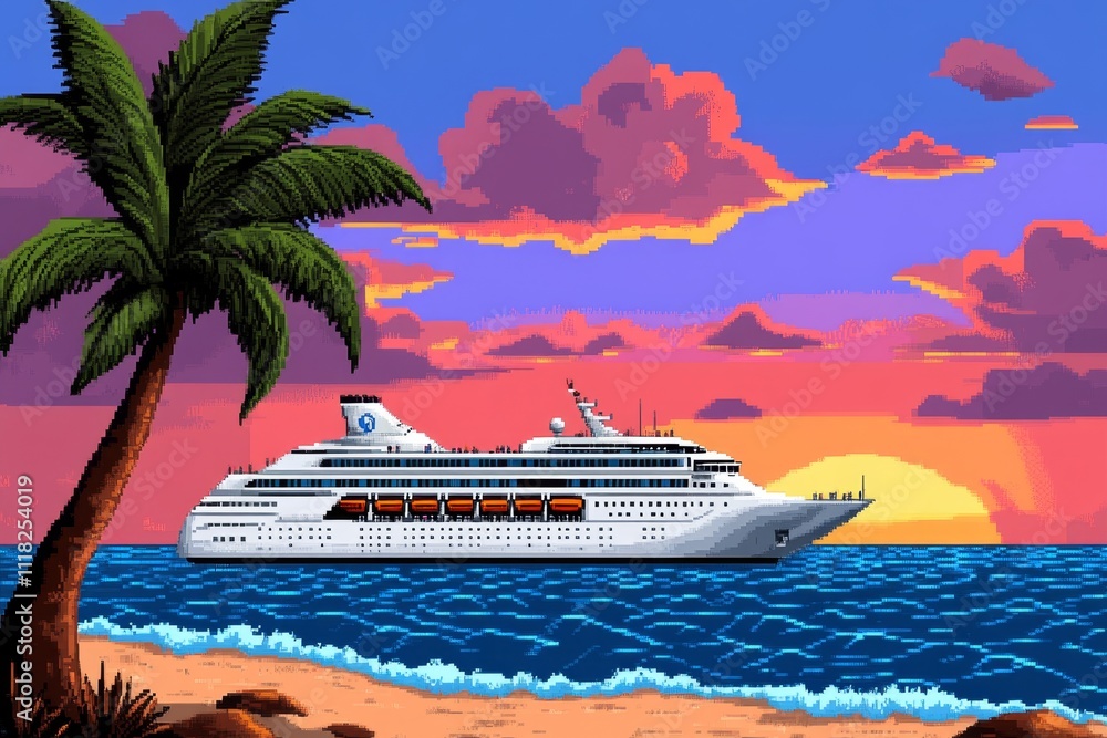 Poster a pixel art depiction of a cruise ship at sunset, with animated waves and passengers enjoying the de