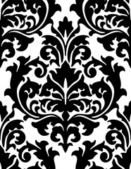 Damask seamless pattern. Elegant black and white damask pattern with ornate floral design for luxury decor or textiles.