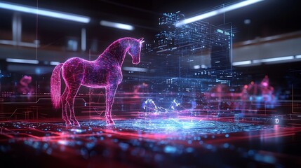 Holographic Horse Judge in Glowing Futuristic Courtroom