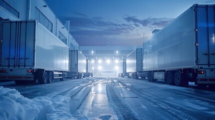 Obraz premium Double exposure transportation outdoor logistic facility with rows of trucks and trailers parked along warehouses, industrial freight travel in urban, digital technology control reduce manpower