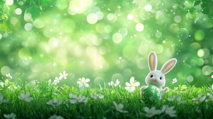 easter egg and chubby cute bunny on green meadow, with copy space