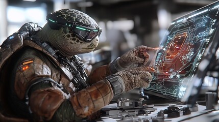 Turtle Repair Technician Fixing Glowing Holographic Devices in High Tech Facility
