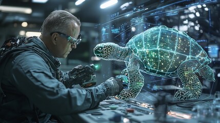 Turtle Technician Repairing Glowing Holographic Devices in High Tech Facility