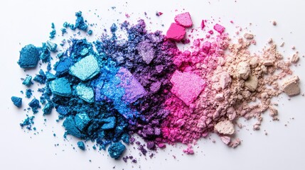 A top view of cosmetic eyeshadow crushed into a vibrant pile of blue, pink, purple, and beige tones on a pure white backdrop