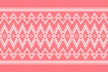 Ikat cross stitch geometric embroidery seamless knitted pattern on damask background. Perfect decorative design for sweater, fabric, decoration, illustration, ornament, texture, textile, interior