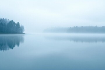 A tranquil foggy lake scene reflecting trees and calm waters.