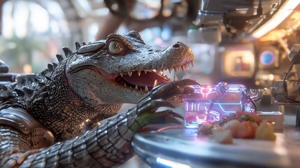 Crocodile Chef Prepares Glowing Neon Sushi in Futuristic Kitchen