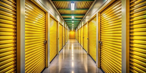 Fototapeta premium Low Light Self Storage Corridor Yellow Doors Rental Units
