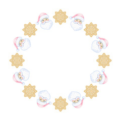 Santa, gingerbread. Watercolor round frame template for text on white background in pastel colors for textile and packaging paper. Cute illustration for Christmas