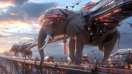 Elephant Traffic Controller Regulates Futuristic Vehicles on Elevated Digital Highway