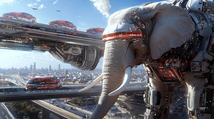 Elephant Traffic Controller Manages Futuristic Vehicles on Elevated Highway