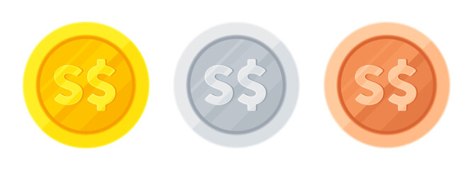 Set of gold, silver and copper coins with Singapore dollar sign (S$). Economy, finance, investment, profit, money, SGD currency concept. Flat vector illustration isolated on white background	
