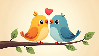 Cute cartoon lovebirds sharing a kiss on a branch with a heart above them on a soft background