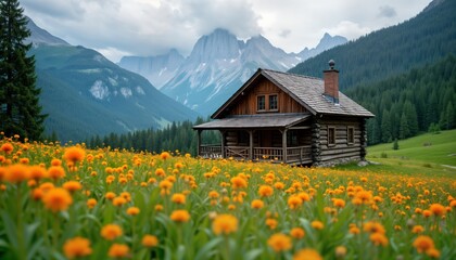 Fototapeta premium Wooden cabin sits amidst vibrant meadow of orange flowers. Mountains rise in background. Rural scenery suggests tranquil countryside escape. Beautiful landscape with traditional architecture. Green