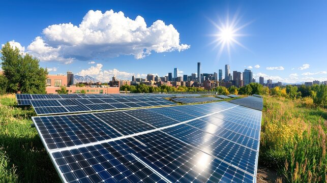 Urban cityscape with solar panels and blue sky.