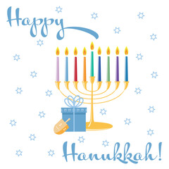 Happy Hanukkah greeting card with a traditional hanukkiyah and a colorful lit candles, a gift box and a dreidel