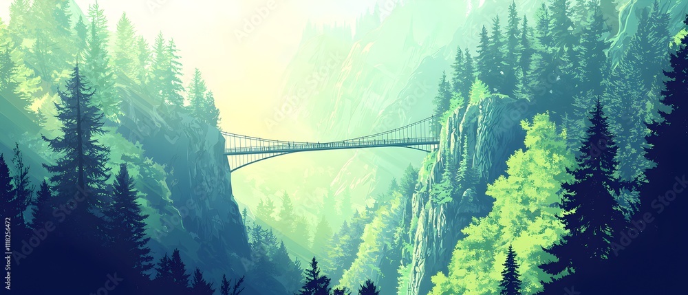 Poster a bridge over a river with trees on either side