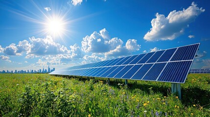 Lush wildflower field and solar panels beneath sun