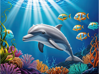 Fototapeta premium 3d Dolphin Coral Colorful Fish Under the Sea 