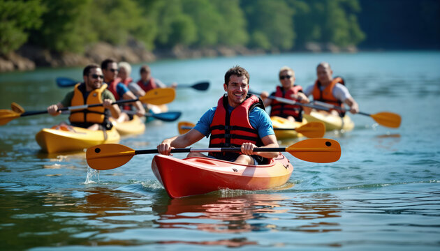 Group of people enjoying kayak ride on calm lake. Smiling individuals paddle colorful kayaks. Summer activity on water. Teamwork, leisure recreation. Aquatic adventure. Nature scene. Water sports