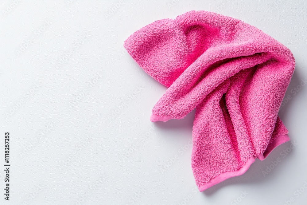 Poster a single pink microfiber cloth with a luxurious and clean appearance, lying flat on a pure white bac