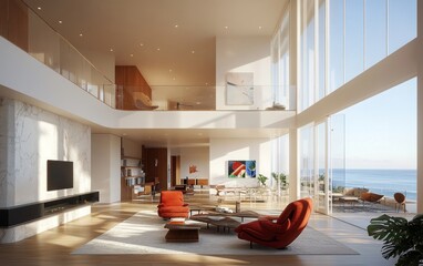 Modern luxury home interior with ocean view, double-height ceilings, and minimalist design.