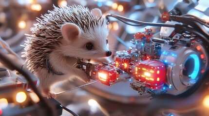A Hedgehog Toy Maker Crafting Glowing Robotic Toys in a Whimsical Workshop