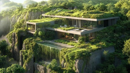 A modern, eco-friendly house integrated into a lush, green landscape.