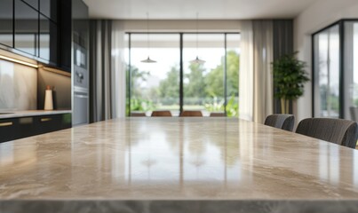 Obraz premium With a soft focus on the bright, modern kitchen interior, the marble countertop provides an ideal backdrop for showcasing kitchen-related items.