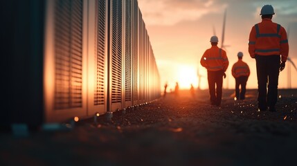 Workers in Safety Gear Walking Towards Wind Turbines at Sunset