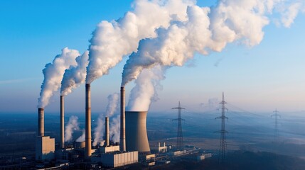 Industrial Power Plant Emitting Smoke Under Clear Blue Sky