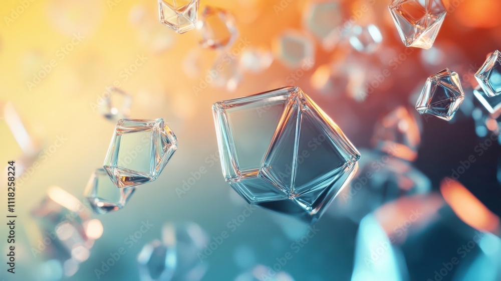 Aufkleber shapes made of glass-like material spin gracefully in a colorful backdrop, creating a sense of motio
