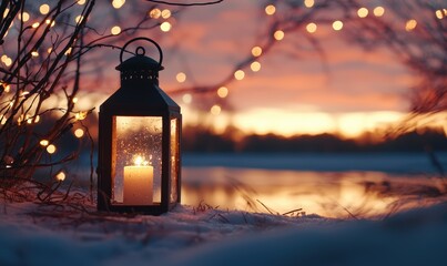 Candle lantern glowing by a serene lake at dusk