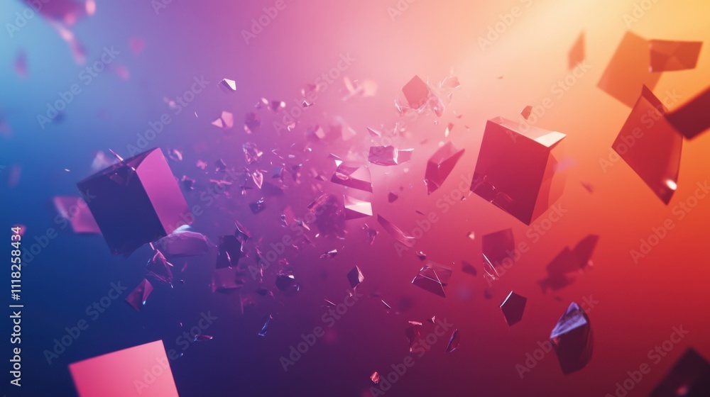 Poster digital forms effortlessly spin and fragment against a colorful backdrop, showcasing a captivating b
