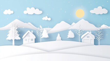 Serene winter scene illustration featuring paper-cut style houses, trees, and snowy mountains under a pale sun. Perfect for winter holidays, greeting cards, or seasonal designs.