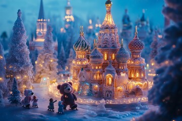 Obraz premium A whimsical winter scene in Moscow with Saint Basil’s Cathedral made entirely of glowing ice and snow, surrounded by skating bears in traditional costumes