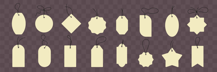 Paper price tags collection. Set of blank gift tags. Discount price for store. Various paper shapes with rope and bows. Vector illustration
